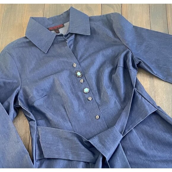 Mishca Blue Long Sleeve Shirt Dress w/Belt & Turquoise Ornate Buttons Size 8(MM) - Picture 2 of 9